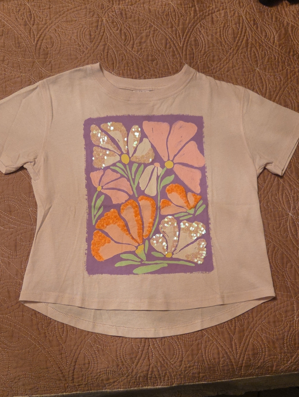 Zara Girls' Cream Tee with Purple Panel and Floral Accents